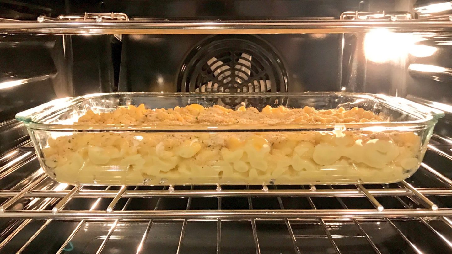 vegan macaroni and cheese baking in the oven